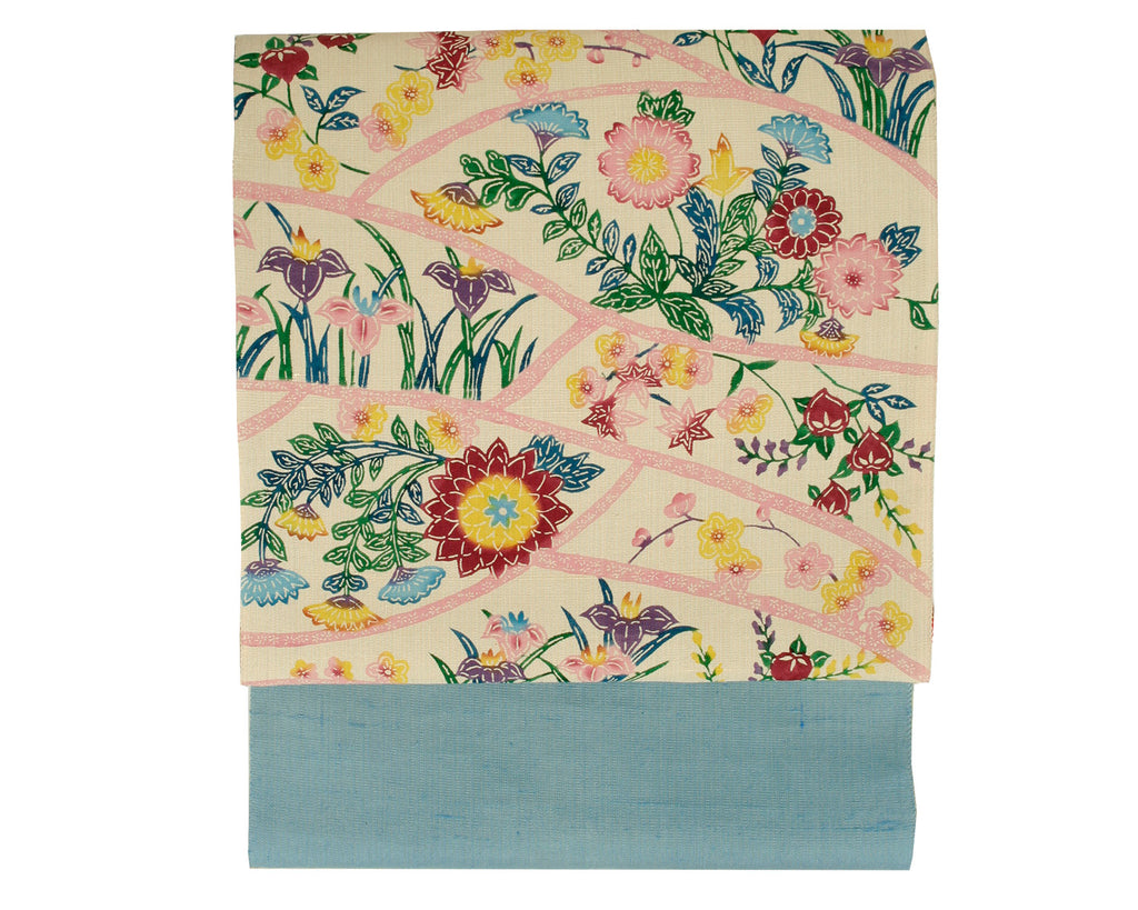 名古屋帯】四季草花模様松竹梅楓紅葉菖蒲手織り紬刺繍アンティーク