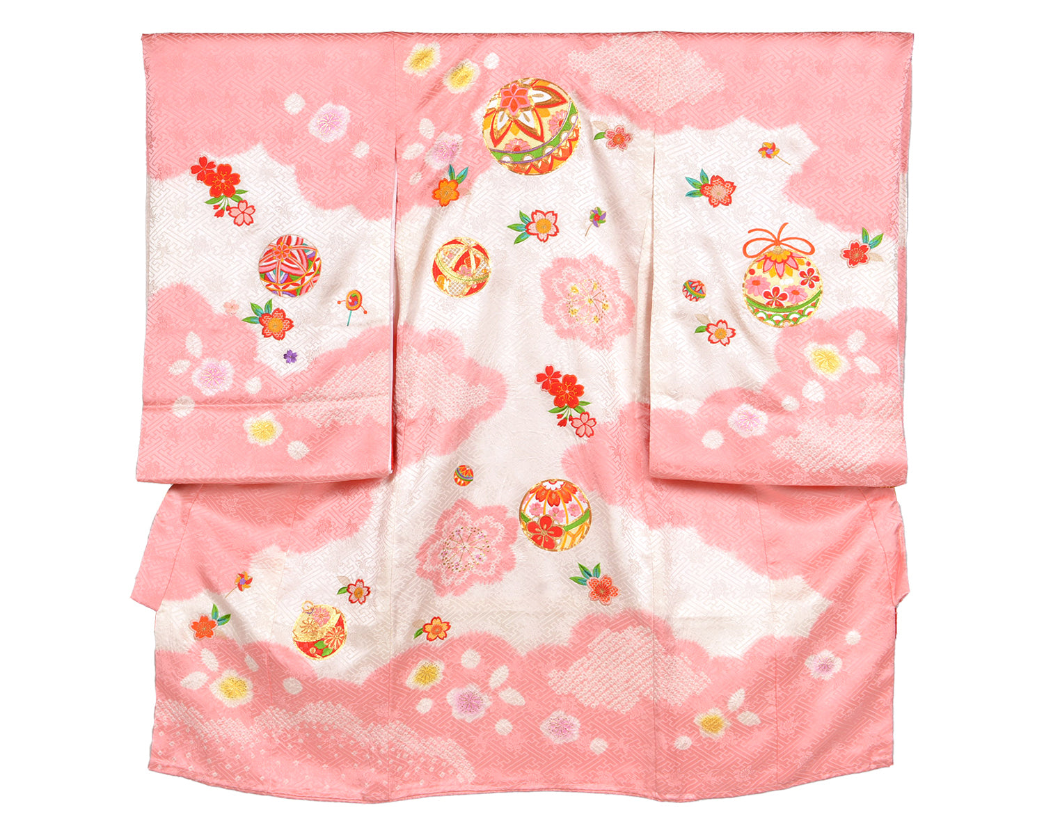 4143◆アンティーク女の子着物手刺繍ローズピンク薬玉花籠鞠羽子板美しすぎる逸品 4143◇アンティーク女の子着物手刺繍ローズピンク薬玉花籠鞠