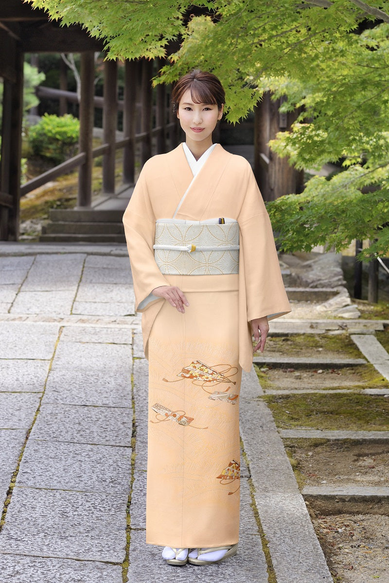 色留袖＊袷着物 芝垣に菊松竹模様 略礼装 灰紫色 背紋落款有 正絹＊25H38